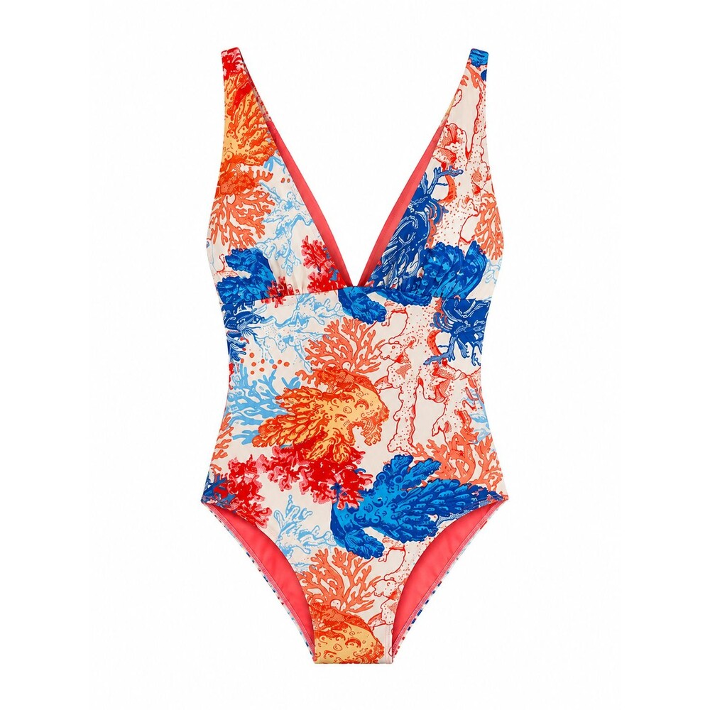 Leonisa Reversible One Piece Swimsuit Coral Reef Print V Neck Tropical 36/44